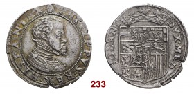 § Milano Filippo II di Spagna, 1556-1598. Quarto di scudo, AR 8,73 g. Testina di S. Ambrogio PHILIPPVS REX HISPANIAR’ Busto corazzato a d. Rv. DVX MED...