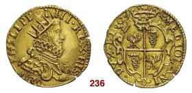§ Milano Filippo IV di Spagna, 1621-1665. Doppia 1630, AV 6,34 g. PHILIPP – I – III REX HIS Busto radiato, drappeggiato e corazzato, a d. con colletto...