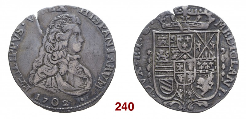 Milano Filippo V di Spagna, 1700-1706. Quarto di filippo largo 1702, AR 6,69 g. ...