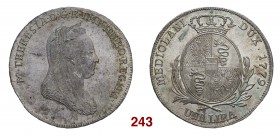 Milano Maria Teresa d’Asburgo, 1740-1780. Nuova monetazione, 1777-1780. Lira 1779, AR 6,23 g. M THERESIA D G R IMP HU BO REG A A Busto velato a d. Rv....