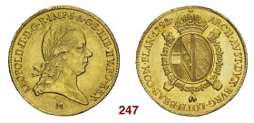 Milano Leopoldo II d’Asburgo-Lorena, 1790-1792. Sovrano 1792, AV 11,08 g. LEOPOLD II D G R IMP S A GE HIE HV BO REX Testa laureata a d.; sotto, M. Rv....