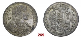 Napoli Carlo II di Spagna, 1665-1700. II periodo: Carlo da solo, 1674-1700. Tarì 1688, AR 5,09 g. CAROLVS – II DG REX HIS Busto drappeggiato a d.; die...