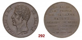 Napoli Francesco I di Borbone, 1825-1830. Medaglia 1825. Æ 22,84 g. Ø 37 mm. Coniata a Parigi. Per la visita del principe di Salerno e della duchessa ...