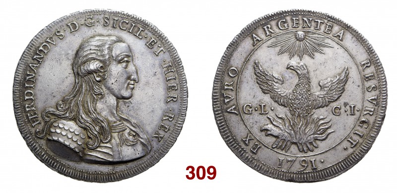 § Palermo Ferdinando III poi I di Borbone, 1759-1825. Oncia da 30 tarì 1791, AR ...