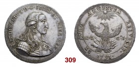§ Palermo Ferdinando III poi I di Borbone, 1759-1825. Oncia da 30 tarì 1791, AR 68,45 g. FERDINANDVS D G SIC ET HIER REX Busto corazzato a d. Rv. EX A...
