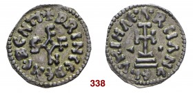 Salerno Siconolfo principe, 839-849. Denaro, AR 1,02 g. + PRINCE BENEBENTI Siconolfo in monogramma. Rv. ARHANGELV MIHAE Croce potenziata su tre gradin...