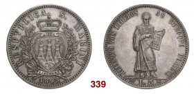 § San Marino Repubblica. I periodo: 1864-1938. Da 5 lire 1898. Pagani 357. Spl