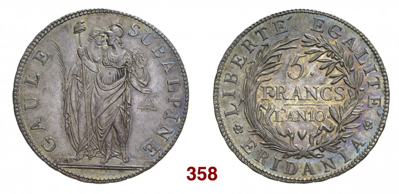 Torino Repubblica Subalpina, 1800-1802. Da 5 franchi anno X (1801). Pagani 6. Be...
