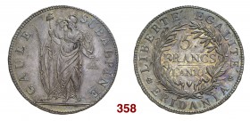 Torino Repubblica Subalpina, 1800-1802. Da 5 franchi anno X (1801). Pagani 6. Bellissima patina iridescente, Spl / migliore di Spl