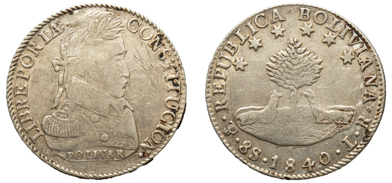 Bolivia, Republic, 1825-2009. 8 Soles, 1840 PTS LR, Potosi mint, 26.87g (KM97).
...