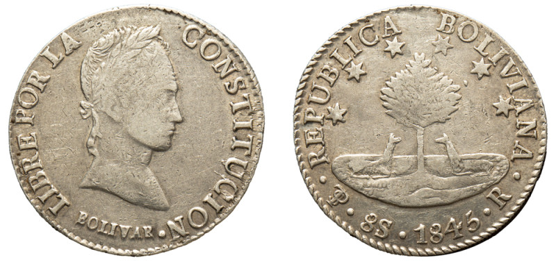 Bolivia, Republic, 1825-2009. 8 Soles, 1845 PTS R, Potosi mint, 26.90g (KM103).
...