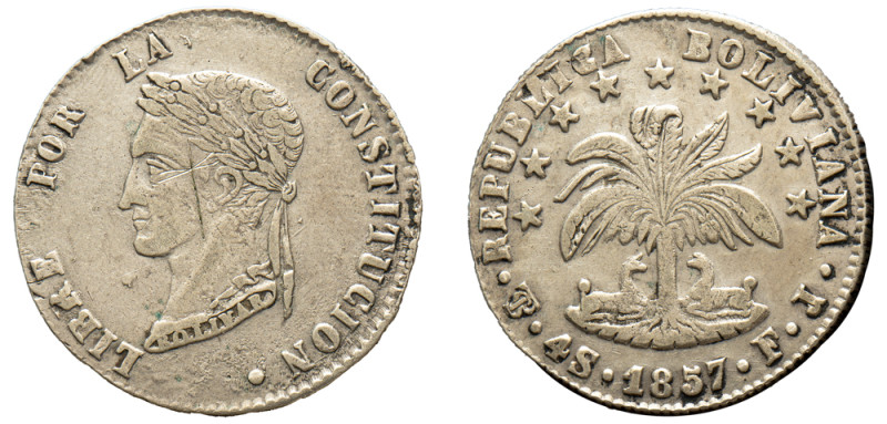 Bolivia, Republic, 1825-2009. 4 Soles, 1857 PTS FJ, Potosi mint, 13.36g (KM123.2...