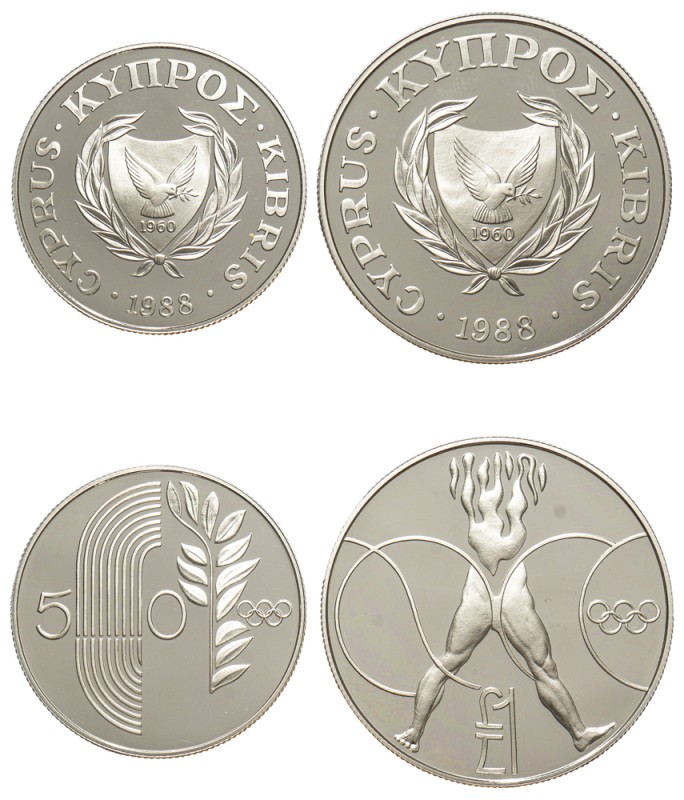 Cyprus, Republic, 1960-. Official set of AR Proof 50 Cents and Pound, 1988, Seou...