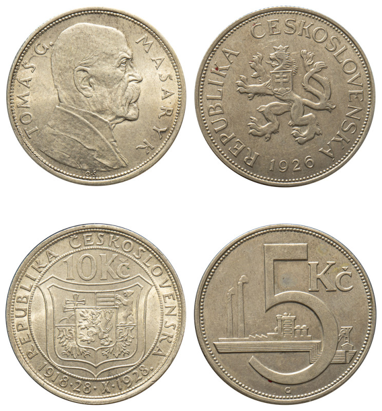 Czechoslovakia, First Republic, 1918-1938. Lot of 2 coins comprising 5 Korun, 19...