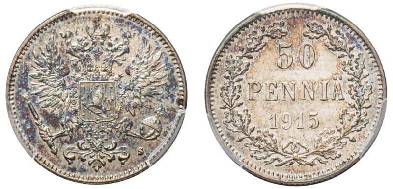 Finland, Nicholas II, 1894-1917. 50 Pennia, 1915 S, Helsinki mint (KM2.2).

Grad...