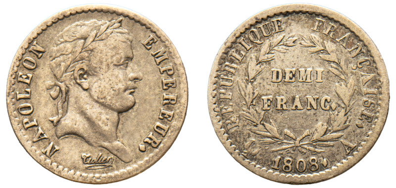 France, Napoleon I, 1804-1814 and 1815. 1/2 Franc, 1808 A, Paris mint, 2.42g (KM...
