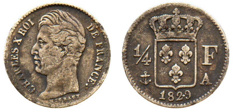 France, Charles X, 1824-1830. 1/4 Franc, 1829 A, Paris mint, 1.16g (KM722.1).

F...