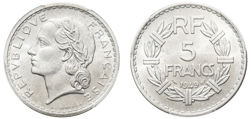 France, Fourth Republic, 1946-1958. 5 Francs, 1949, Paris mint, closed 9 variety...