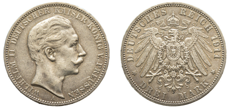 German States, Prussia, Wilhelm II, 1888-1918. 3 Mark, 1911 A, Berlin mint, 16.6...