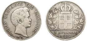 Greece, King Otto, 1832-1862. 5 Drachmai, 1833 A, First Type, Paris mint, 22.11g (KM20; Divo 10b; Dav. 115).

Fine, scratches on obverse.