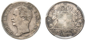 Greece, King Otto, 1832-1862. 1/2 Drachma, 1855, Second Type, Vienna mint, variety with “dot” in front of head (KM34; Divo 15b).

Graded AU Details, C...
