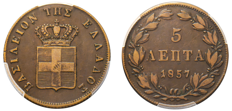 Greece, King Otto, 1832-1862. 5 Lepta, 1857, Fourth Type, Athens mint (KM32; Div...