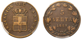 Greece, King Otto, 1832-1862. 5 Lepta, 1857, Fourth Type, Athens mint (KM32; Divo 24b).

Graded VF35 PCGS.