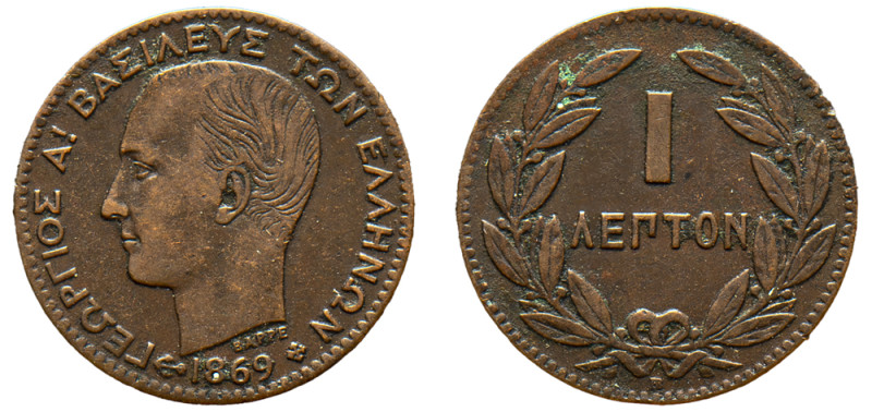Greece, King George I, 1863-1913. Lepton, 1869 BB, First Type, Strasbourg mint, ...
