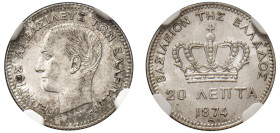 Greece, King George I, 1863-1913. 20 Lepta, 1874 A, First Type, Paris mint (KM44; Divo 56a; IV9). 

Graded AU58 NGC.
