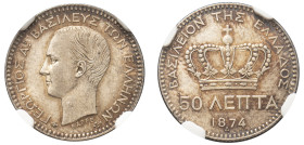 Greece, King George I, 1863-1913. 50 Lepta, 1874 A, First Type, Paris mint (KM37; Divo 55b; IV2).

Graded MS62 NGC.