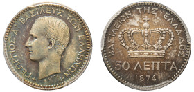 Greece, King George I, 1863-1913. 50 Lepta, 1874 A, First Type, Paris mint (KM37; Divo 55b; IV2).

Graded AU58 PCGS.