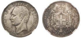 Greece, King George I, 1863-1913. 5 Drachmai, 1876 A, First Type, Paris mint (KM46; Divo 50b; IV10; Dav. 117).

Graded AU Details, Cleaned NGC.