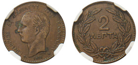 Greece, King George I, 1863-1913. 2 Lepta, 1878 K, Second Type, Bordeaux mint, variety with large anchor (KM53; Divo 68; IV17.1).

Graded XF Details, ...