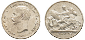Greece, King George I, 1863-1913. Drachma, 1910, Second Type, Paris mint, 5.00g (KM60; Divo 54a; IV24). 

Uncirculated, an almost invisible scratch on...
