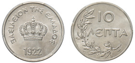 Greece, King Constantine I, 1913-1917 and 1920-1922. 10 Lepta, 1922, Poissy mint, thin planchet variety (KM66.1; Divo 102).

Graded MS66 PCGS.
Top Pop...