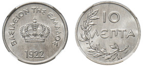 Greece, King Constantine I, 1913-1917 and 1920-1922. 10 Lepta, 1922, Poissy mint, thin planchet variety (KM66.1; Divo 102).

Graded MS64 NGC.