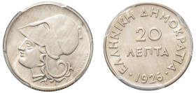 Greece, First Republic, 1924-1935. 20 Lepta, 1926, Vienna mint (KM67; Divo 110).

Graded MS63 PCGS.