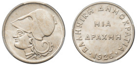 Greece, First Republic, 1924-1935. Drachma, 1926, Vienna mint (KM69; Divo 108a).

Graded MS63 PCGS.