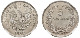 Greece, First Republic, 1924-1935. 5 Drachmai, 1930, London mint (KM71.1; Divo 106).

Graded MS65 NGC.