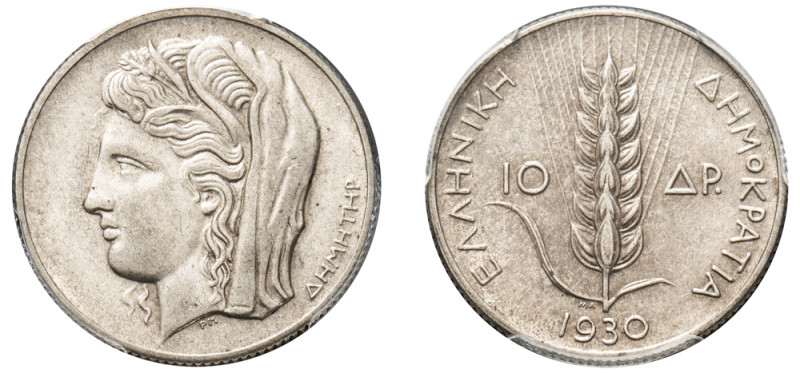 Greece, First Republic, 1924-1935. 10 Drachmai, 1930, London mint (KM72; Divo 10...