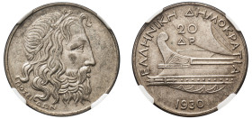Greece, First Republic, 1924-1935. 20 Drachmai, 1930, London mint (KM73; Divo 104).

Graded AU58 NGC.