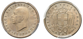 Greece, King Paul, 1947-1964. 50 Lepta, 1957, Paris mint (KM80; Divo 120b).

Graded MS66 PCGS.