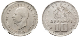 Greece, King Paul, 1947-1964. Mint Error 10 Drachmai, 1959, Bern mint, Broadstruck (KM84; Divo 116).

Graded Mint Error XF Details, Broadstruck, Rever...