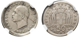 Greece, King Paul, 1947-1964. Mint Error 50 Lepta, 1964, Vienna mint, Partial Collar (KM80; Divo 120e).

Graded Mint Error XF45, Partial Collar NGC.