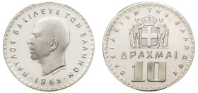 Greece, King Paul, 1947-1964. Proof 10 Drachmai, 1965, Vienna mint (KM84).

Graded PR67 Cameo PCGS.