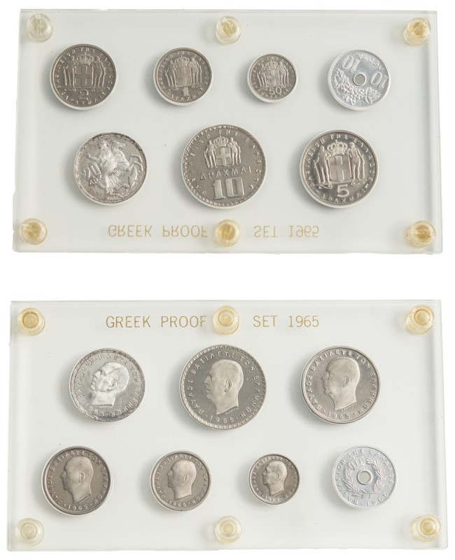 Greece, King Paul, 1947-1964. Official Proof set, 10 and 50 Lepta, 1-2-5-10 and ...