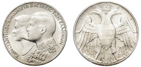 Greece, King Constantine II, 1964-1973. 30 Drachmai, 1964, Royal Marriage, Kongsberg mint, Doubled Die Obverse (KM87; Divo 124).

Graded MS66, DDO PCG...