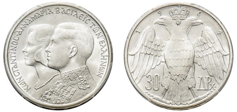 Greece, King Constantine II, 1964-1973. 30 Drachmai, 1964, Royal Marriage, Bern ...