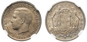 Greece, King Constantine II, 1964-1973. 50 Lepta, 1966, First Type, Kremnitz mint (KM88; Divo 129).

Graded MS66 NGC.