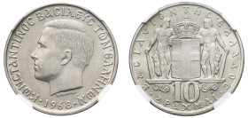 Greece, King Constantine II, 1964-1973. Mint Error 10 Drachmai, 1968, First Type, Kremnitz mint, clamshell lamination (KM96; DIvo 125).

Graded Mint E...